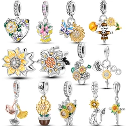 Flowers Series Silver Plated Sunflowers Tulip Carnation Charms Fit Original Pandora Bracelet For Women Jewelry Making Gift