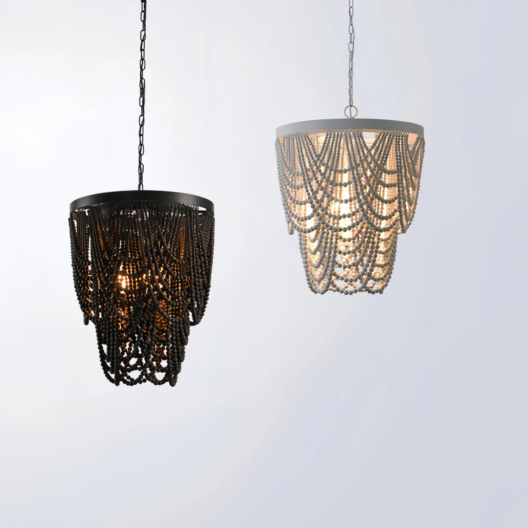 French American Style Wooden Bead Chandelier Bohemian Pendant Light for Living Room Bedroom Kitchen