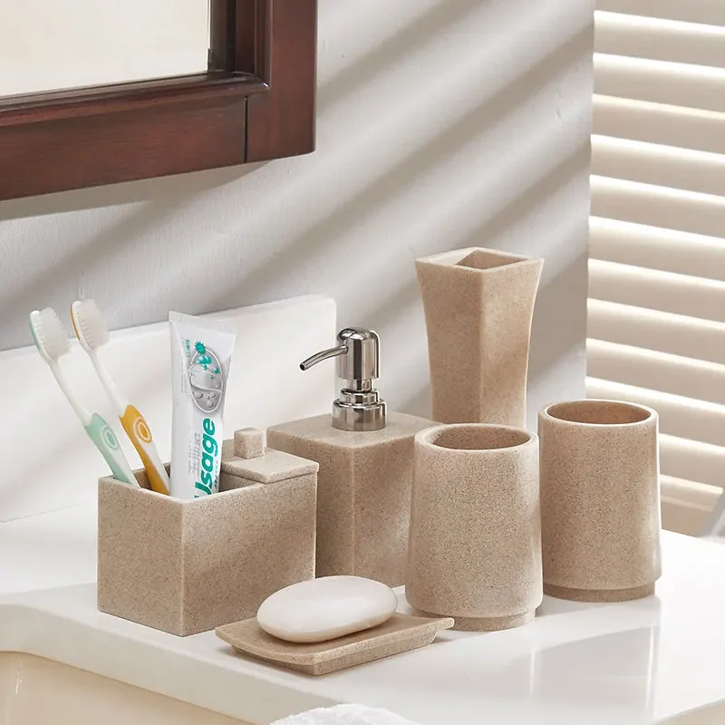 New Bathroom Accessories Set-Sandrock Supplies Set-Vase-Shower Gel Bottle-Brushing Cup-Toothbrush Holder-Soap Dish