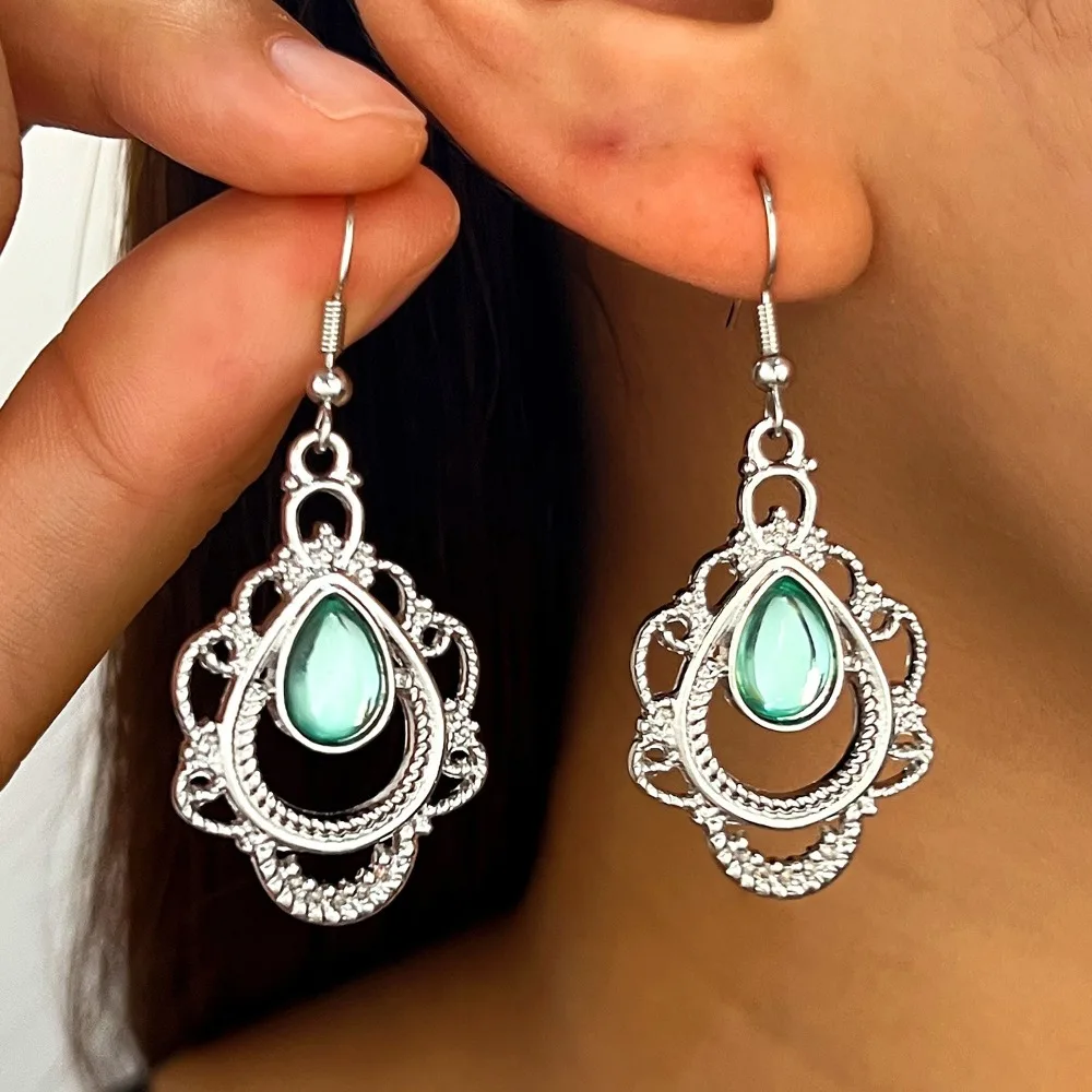 Retro Court-style Silver Hollow Lace Frame Pink Teardrop Gemstone Long Dangle Earrings for Women Victorian Drop Earrings Jewelry