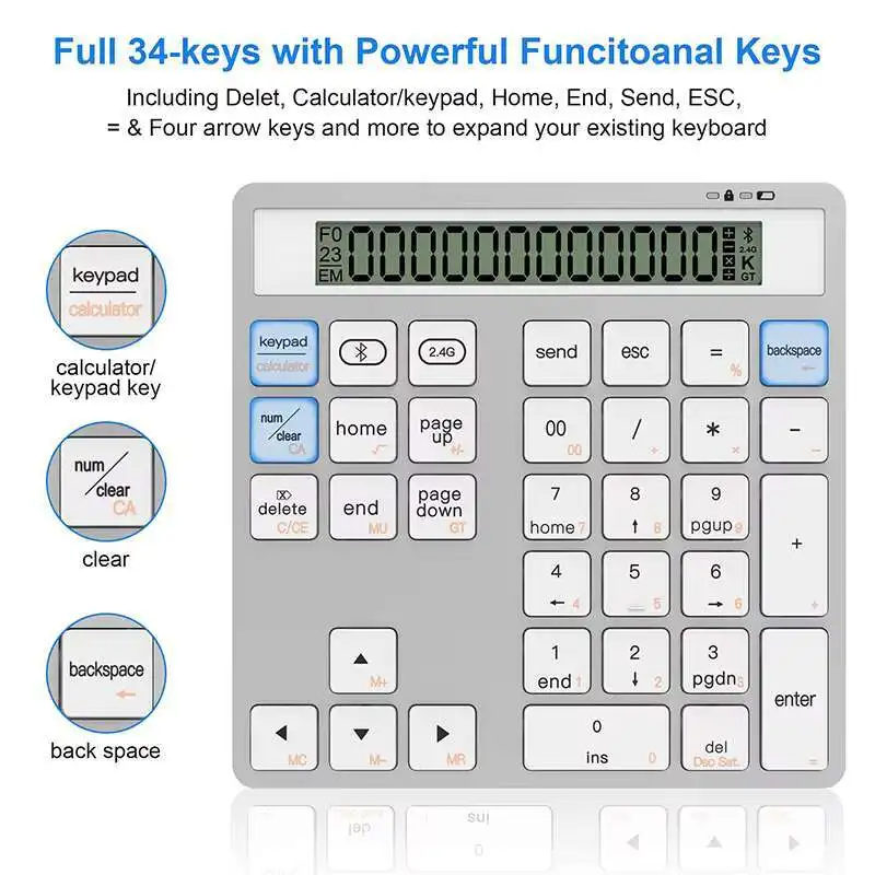 Bluetooth Number Pad 2.4G Wireless Numeric Keypad with Display Calculator - Wireless Number Pad 34-Key Financial Accounting