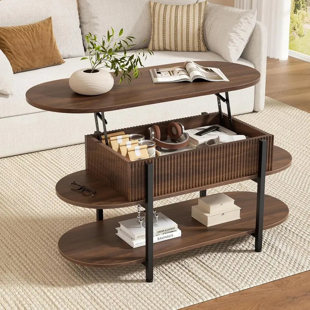 41.7 Oval Luted Coffee Table with Hidden Storage, Walnut | Luted Wood Center Table, 3 Tier Small Tables with Curved Edge, Narrow