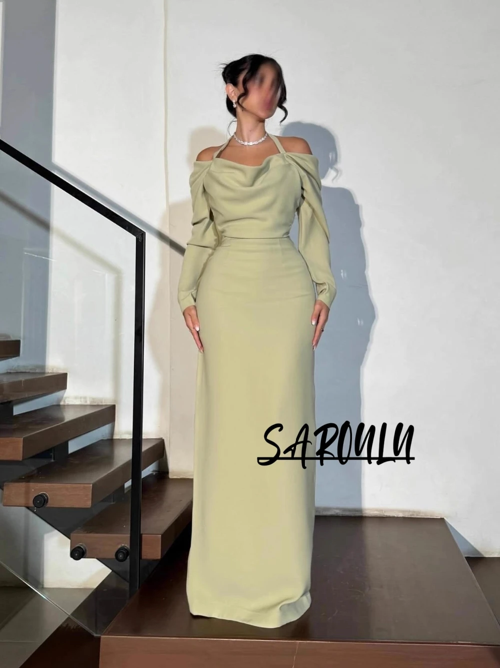 

Light Green Elegant Off-the-shoulder Evening Dress Simple Flowing Straight Prom Gown Formal Fitted Waist Women Cocktail Wear