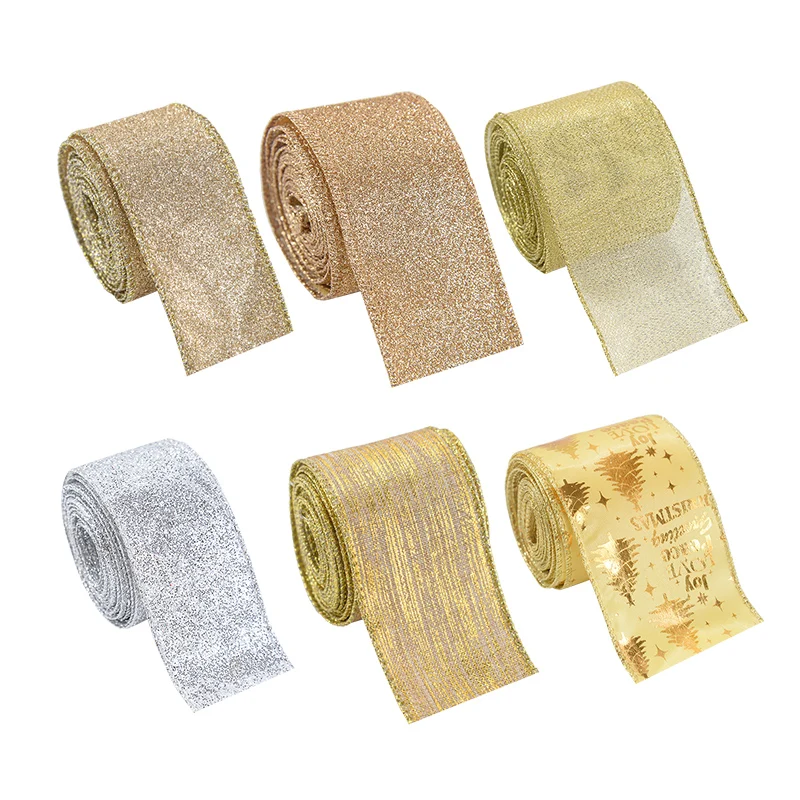 

5M Christmas Ribbon Golden Silver Champagne Polyester Gliter Ribbon Navidad New Year Home Decor DIY Xmas Tree Bow Gifts Packing