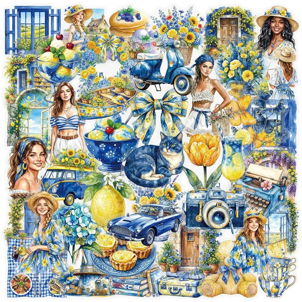 50Pcs Blue Yellow Watercolor Pastoral Transparent PET Stickers DIY Decor for Phone Case Journal RecordingYourLife Store