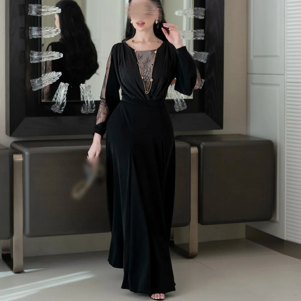 

Customized Elegant Long Sleeves Party Dress Draped O-Neck A-line Long Dresses Formal Evening Dress For Wedding Banquet