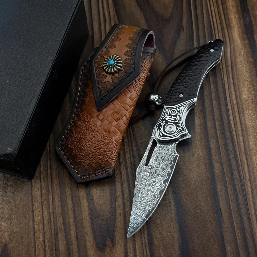 

Складной нож EDC для активного отдыха с кожаными ножнами, дамасская сталь, легкий, портативный, незаменимый для кемпинга и рыбалки