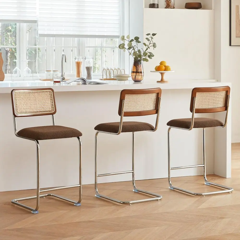 

Набор из 3-х барных стульев из ротанга, высота для барной стойки, с деревянной спинкой, 24 современных барных стула, коричневые, в стиле бохо, с хромированными ножками