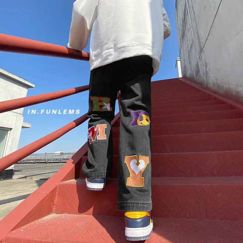 Trousers Straight Hip Hop Male Cowboy Pants with Print Jeans for Men Graphic Spring Autumn Retro Regular Stacked Y2k Streetwear