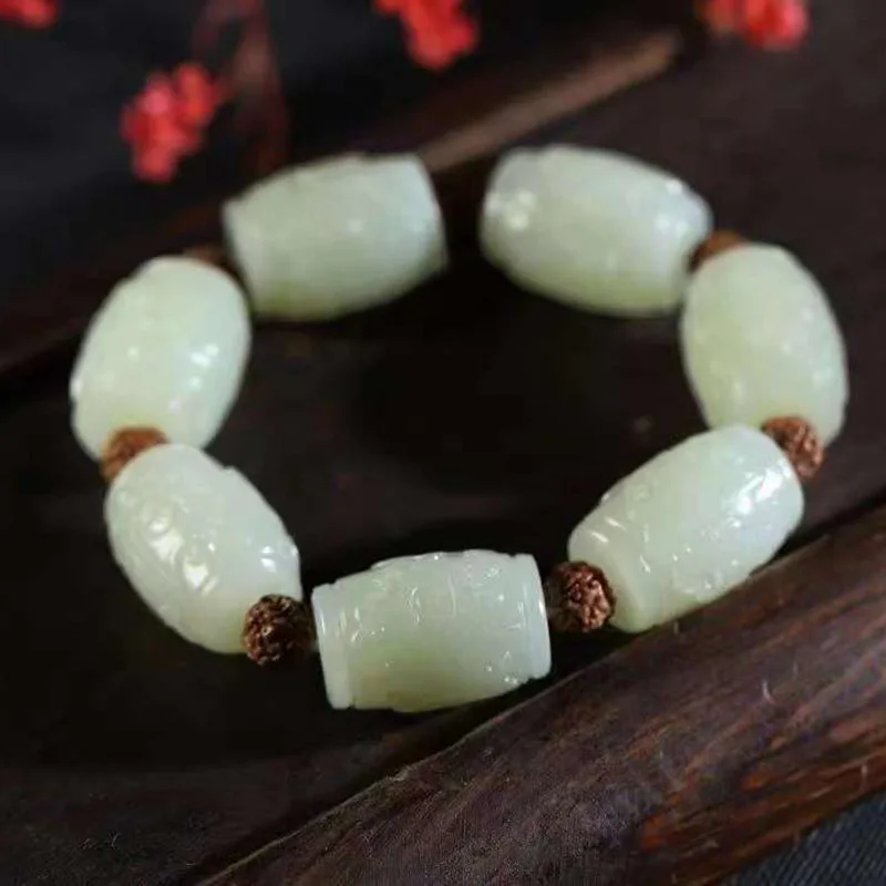 Natural Xinjiang Hetian Vintage Animal Face Barrel Beads Men's White Jade Bracelet