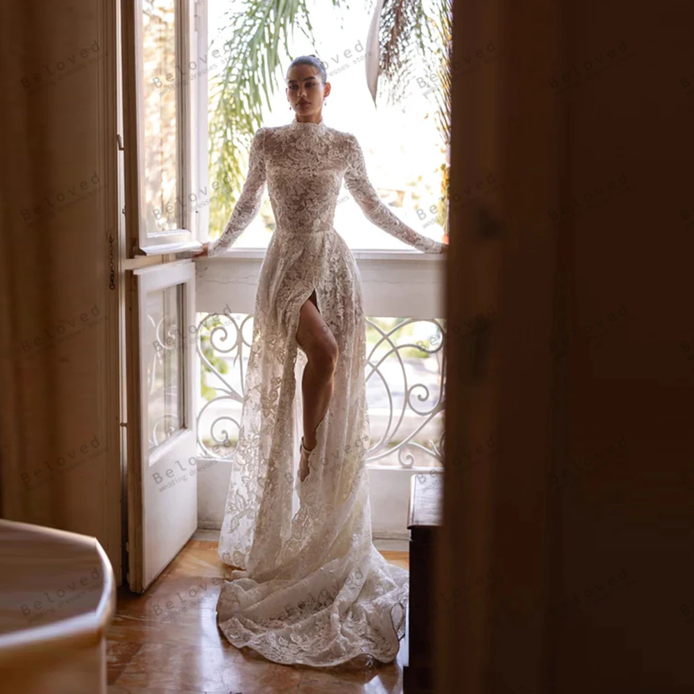 華やかなウェディングドレス ヴィンテージブライダルドレス レースティアードローブ セクシーなハイスリットフルスリーブ Vestidos De Novia カスタマイズ 2025