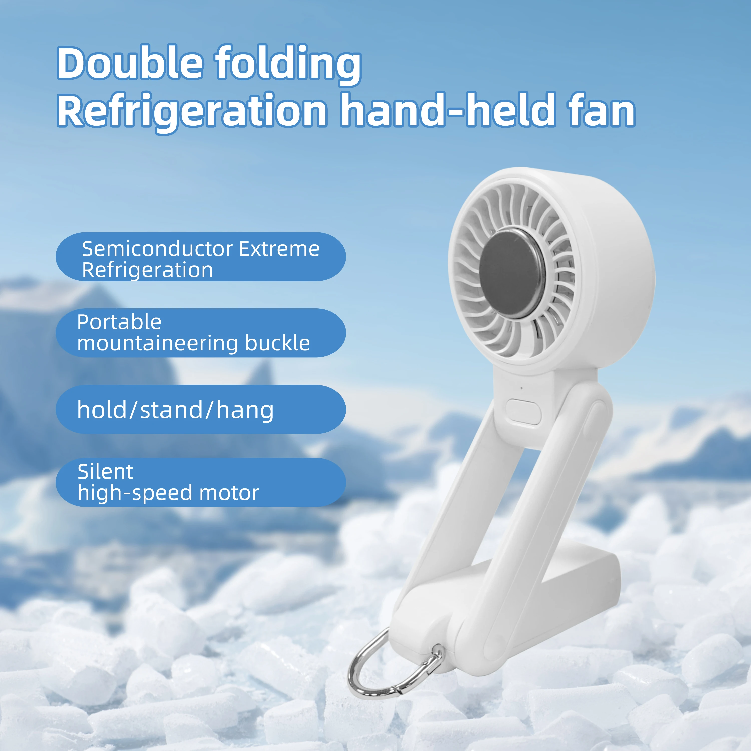 Portable Foldable Turbo Fan Semiconductor Ice Cooling Handheld Fan Brushless Motor 4-Speed Mini Fan with Carabiner for Outdoor