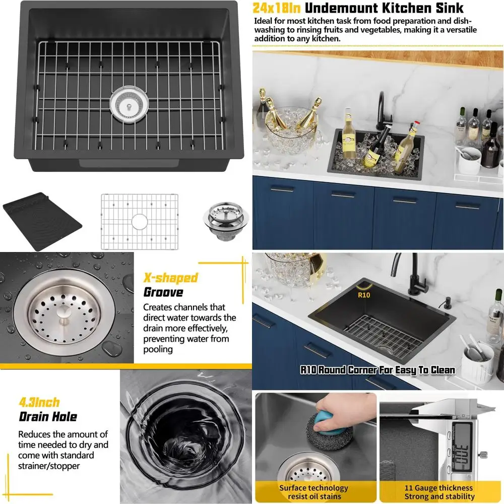 

Stainless Steel Undermount Kitchen Sink 24x18 Inch - Modern Drop-In Style with Bottom Grid for Bar, Sleek and Stylish Design