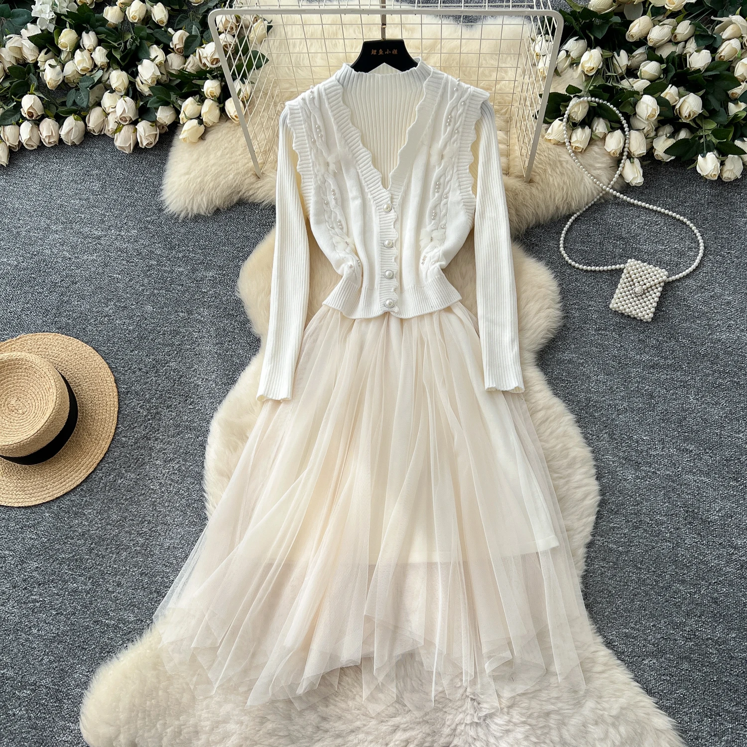 Chic vintage lavorato a maglia a maniche lunghe pieghettato Elegante fata moda coreana Boho Sundress abbigliamento donna Abito lungo