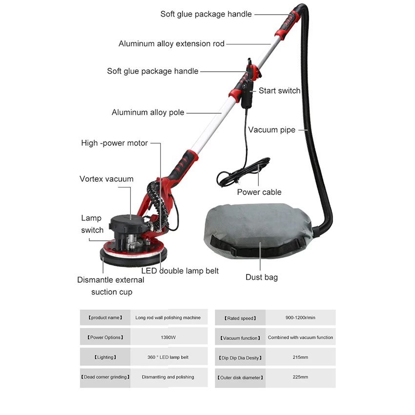 1390W Electric Drywall Sander 225MM Wall Grinding Machine Putty Sandpaper Machine LED Light Long Rod Grinding Wall Polishing