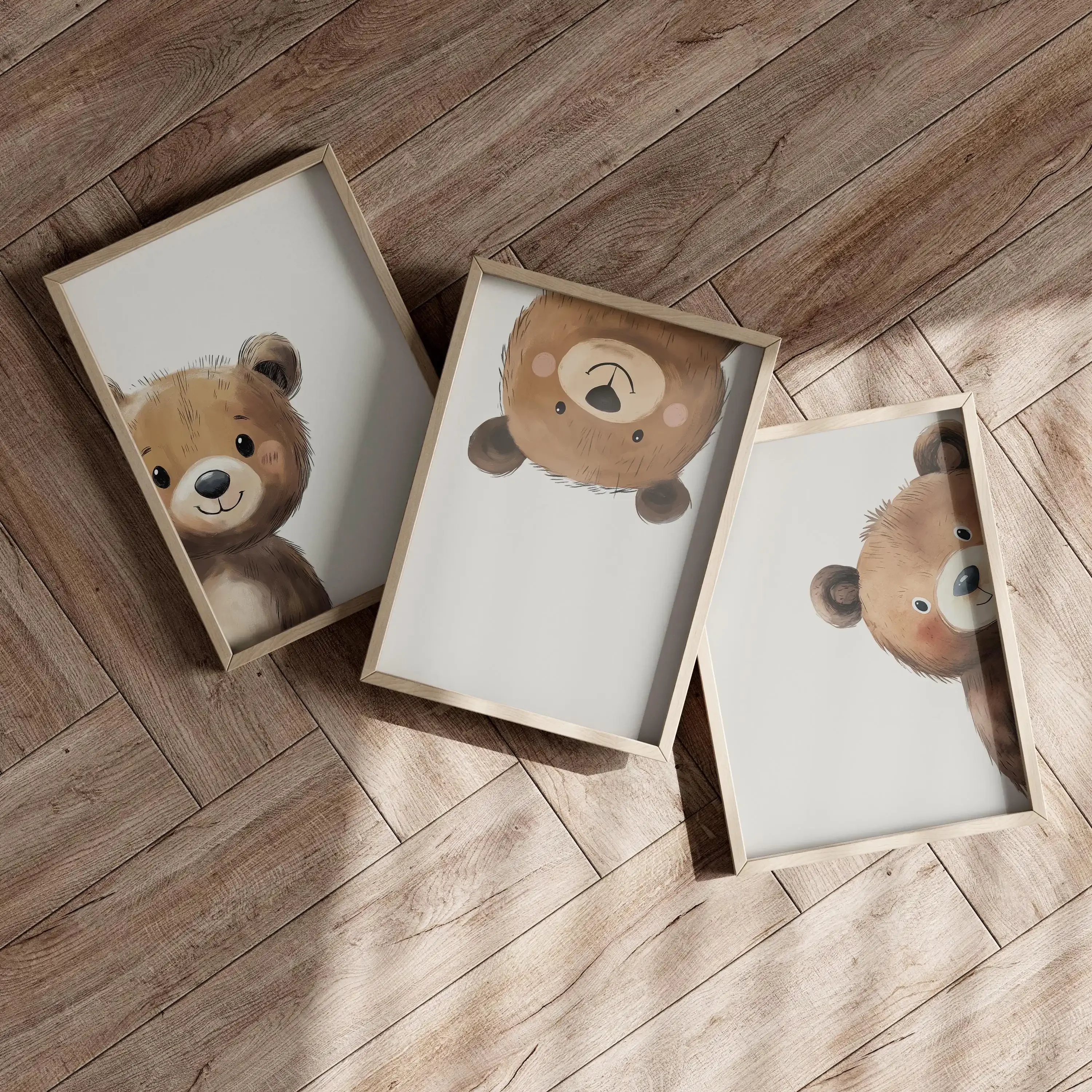 3pcs frameless Canvas Painting 3pcs Bear Print Nursery Wall Art - Peeking Bear Posters Peekaboo Kids Room Decor Gift Printable A