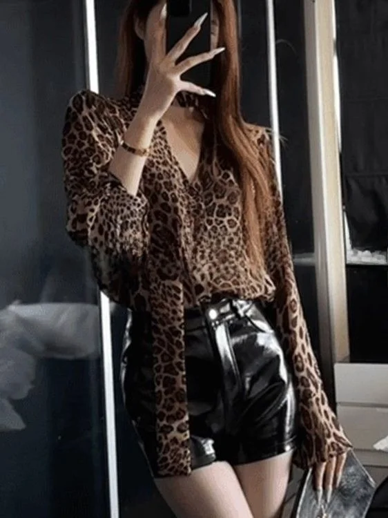 Sexy de talla grande para mujer largo Sve v-ne estampado de leopardo irt suelto adelgazante francés Sle Top puro deseo otoño nueva llegada