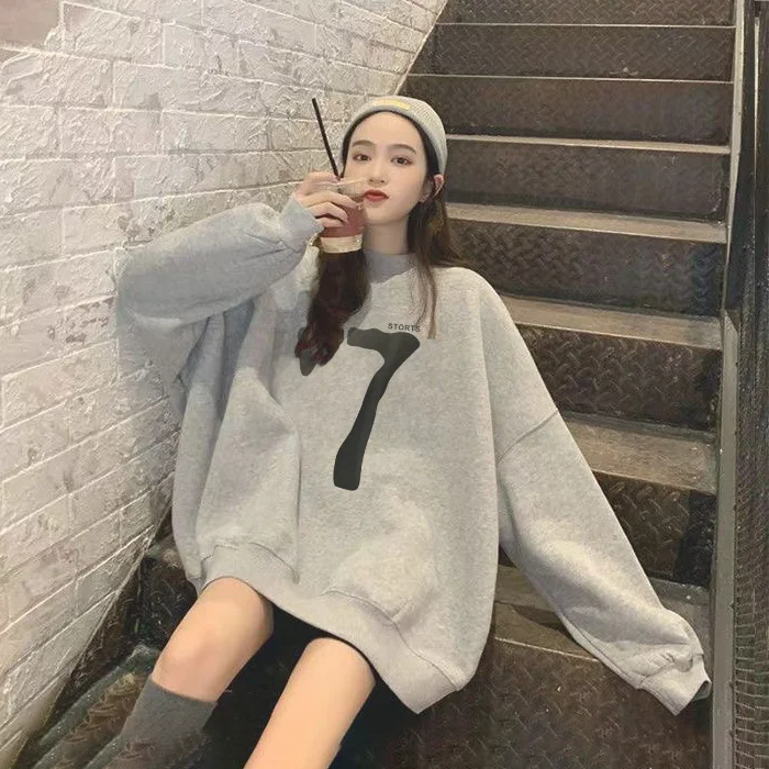 Gray Round Neck Pullover Sweatshirt Korean Style Women Thickened Sweatshirt 2024 Autumn Winter New High Street Fashion Brand Top