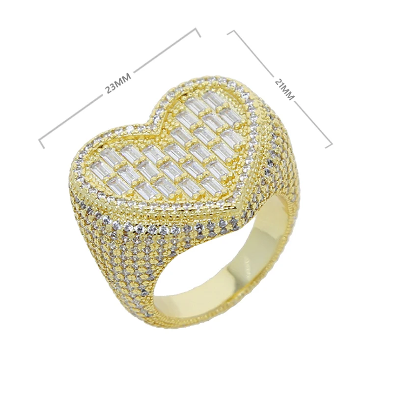 2023 New Iced Out Bling Big Heart Ring Rectangle 5A CZ Micro Pave Cubic Zircon Rings Hip Hop Punk Men Women Jewelry