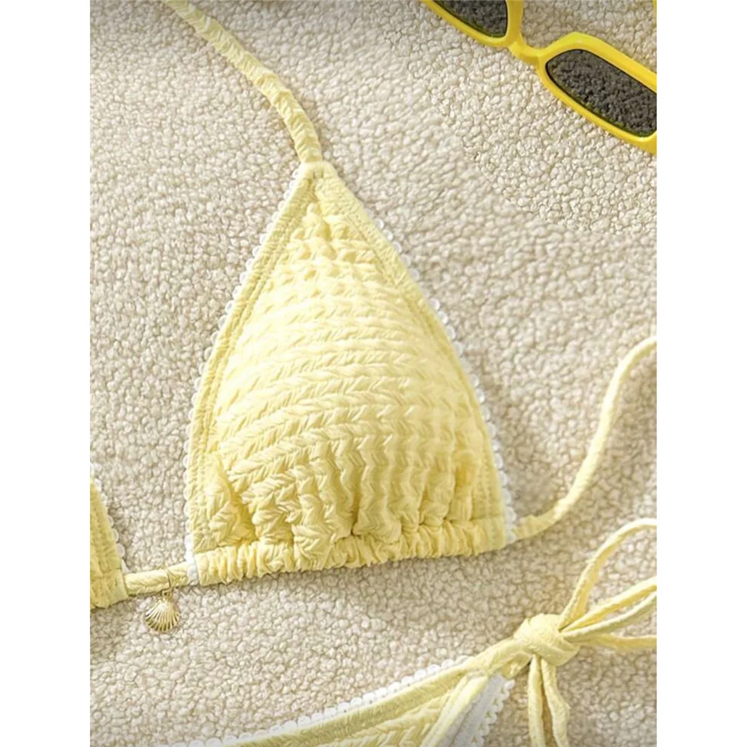 Zweiteiliges Bikini-Set mit hoch geschnittenen Beinen, Badeanzug, Badebekleidung, geraffter, knitteriger Halter-Bikini, Damen-Badebekleidung, Damen-Badeanzug M125 – Detail 15
