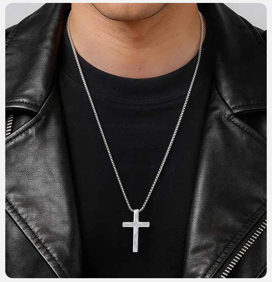 Vnox Kreuz-Anhänger-Halskette für Männer und Frauen, Edelstahl, schwarz-silberfarbene Kastenkette, trendiger christlicher religiöser Schmuck, Geschenk – Detail 3