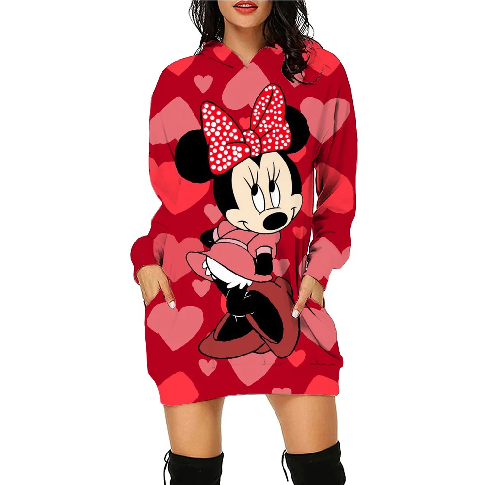 Disney Minnie Mickey Mouse Women's Dress 3D Dye Print Fashion Fall Winter Hoodie Casual Sexy Dress Loose Kawaii Dress