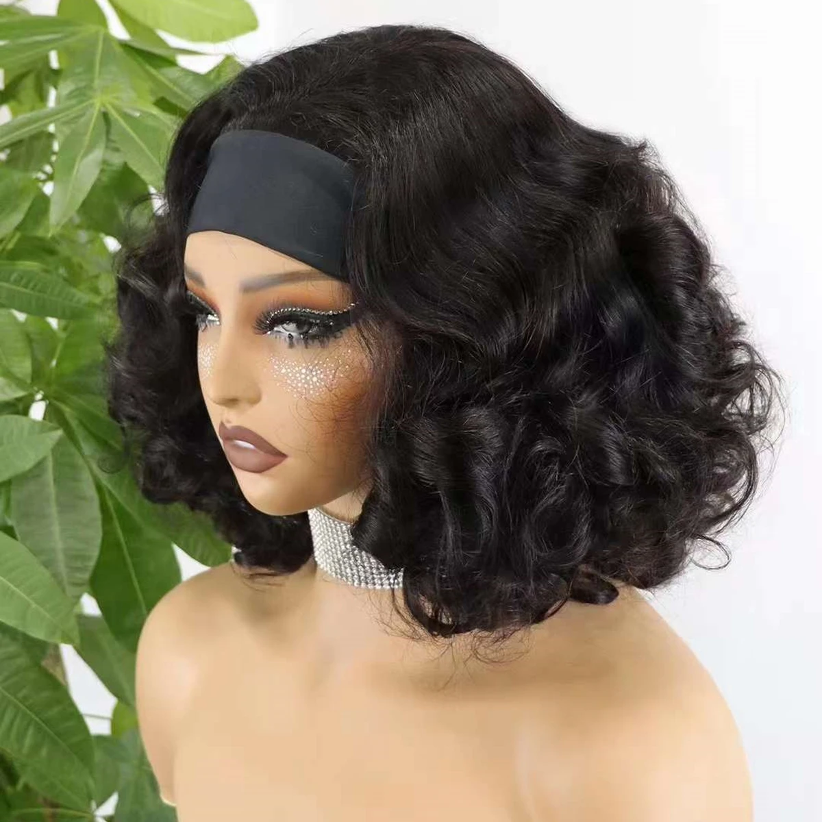 14Inch Machine Made Bob Wigs for Black Women 200% Density Bouncy Loose Headband Bob Wigs Natural Brazilian Remy Human Hair Wigs