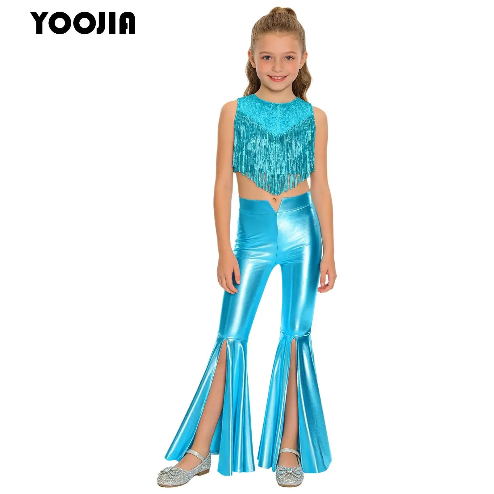 Shiny Metallic Hippie Costume for Kids Girls 70S Disco Jazz Outfit Sleeveless Sequins Tassels Crop Top with Bell-Bottom Pants