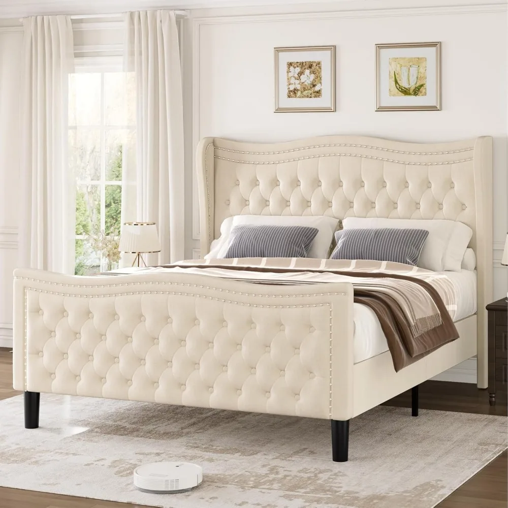 

King Bed Frame, 52"" Headboard Upholstered Bed with Tall Footbaord, Velvet Upholstered Deep Button Tufted Wingback Platform Bed,