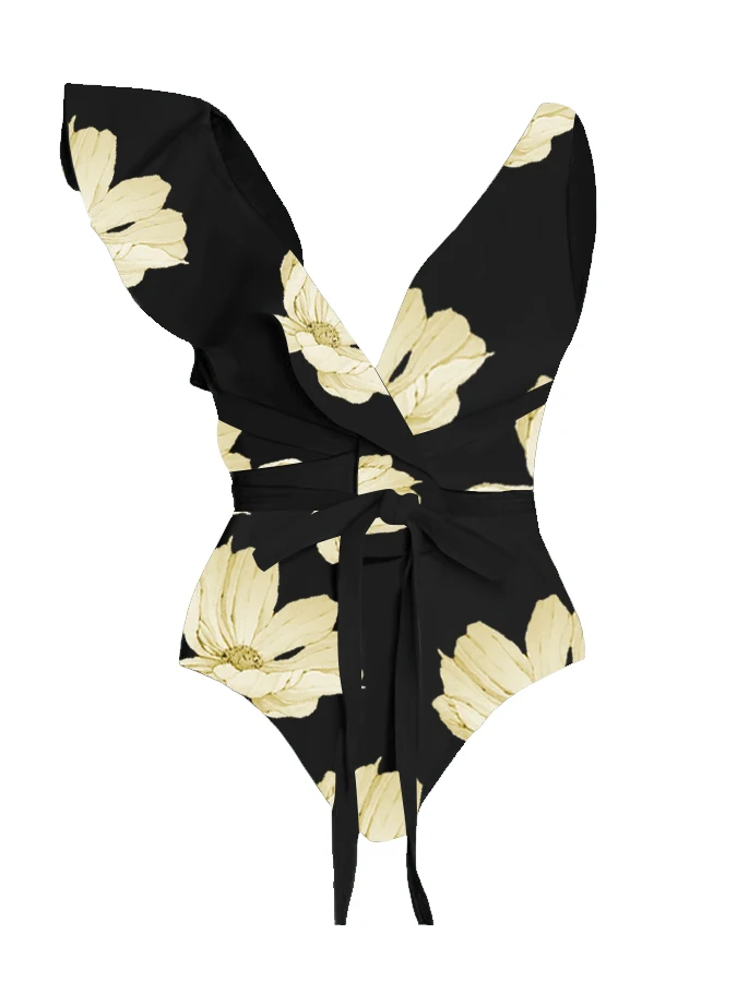 Vintage Court Gold With Black Swimsuit Bikini Ruffled Waist Strap Designed For One-shoulder Asymmetrical Ladies New 2023