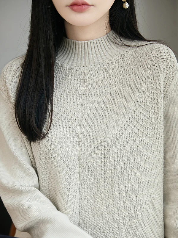 100% Pure Cotton Long Sleeve Knitted Base Layer Loose Women's Sweater Full Cotton Thread Warm  Color Half High Collar