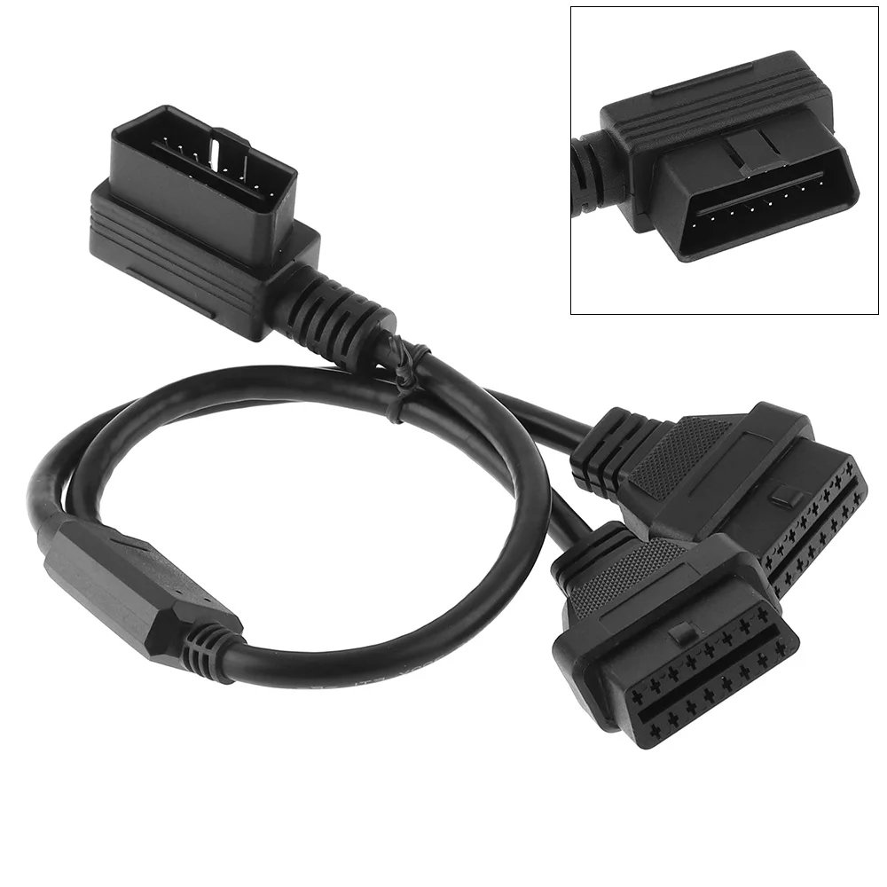 

One Drag Two OBD-II 90 Degrees L Type 16 Pin Male to 2 16 Pin Female Extended Connector Cable 37CM Line for Car Diagnostic Tool