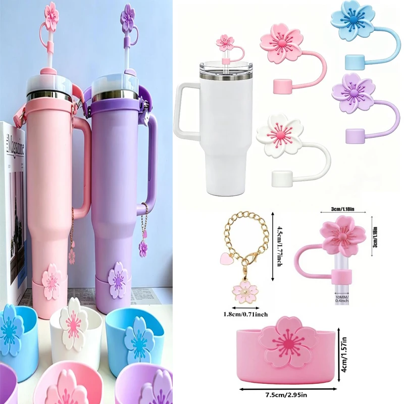 1*Tumbler Straw Cover & Water Bottle Silicone Boot & Tumbler Charm Set, Begonia Shape Straws Lid Cap And Tumbler Charm Pendant