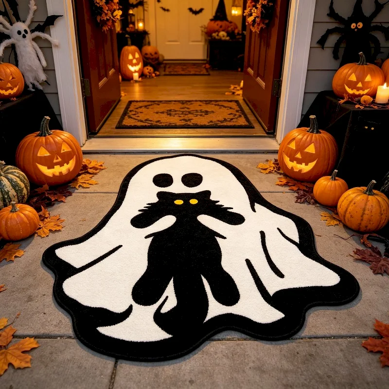 VIKAMA holds black cat, little devil carpet, entrance hall, Halloween Gothic carpet, eerie foot mat, home decoration