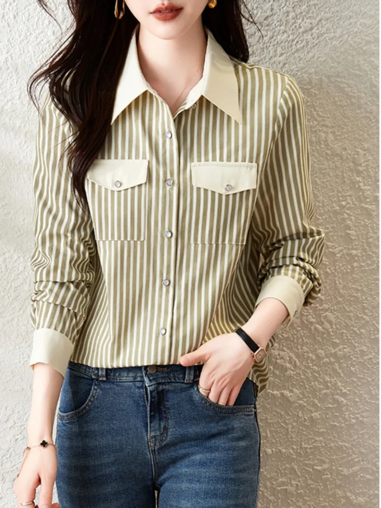 #3215 Vertrical Striped Shirt Women Long Sleeve Regular Fit Womens Tops And Blouses Single Breasted Shirt Pockets Spring Autumn