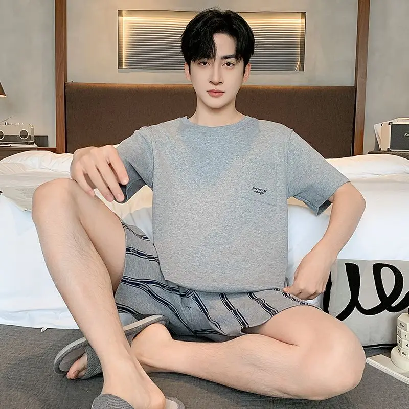 2026 New Summer Plus Size Short Sleeve Cotton Pajama Sets for Men Korean Loose Sleepwear Suit Pyjama Homewear Male Home Clothes