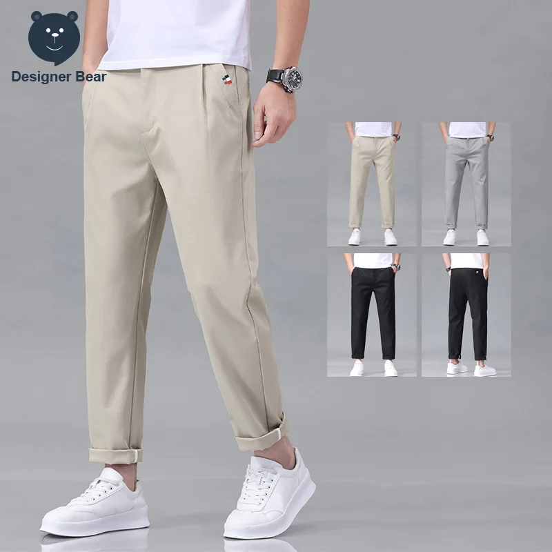 Brand Clothing Spring Summer Men's Casual Ankle Length Pants Baggy Straight Suit Trousers Ribbon Design Trendy Tapered Pants Man