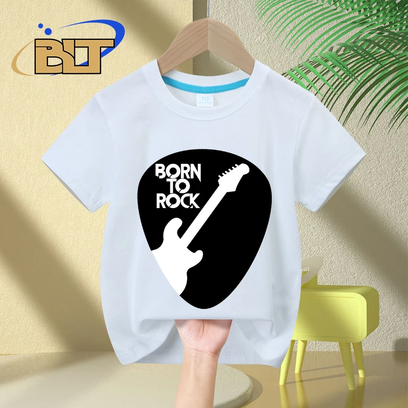 Guitar Born To Rock Printed Kids T-Shirt Summer Children\'s Cotton Short-Sleeved Casual Tops Boys and Girls Gifts