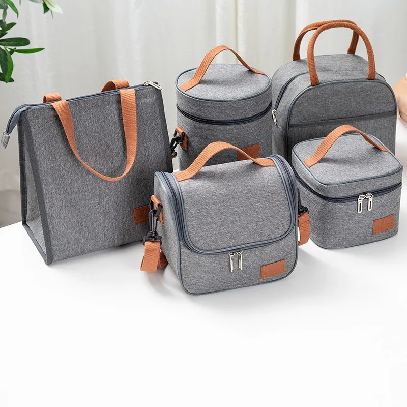 Fashion Portable Gray Tote Insulation Lunch Bag for Office Work School Korean Oxford Cloth Picnic Cooler Bags