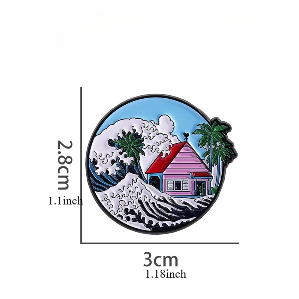 Creative Seaside Scenery Circular Brooch Ocean Waves Coconut Trees House Elements Personalized Badges Pin on Clothing