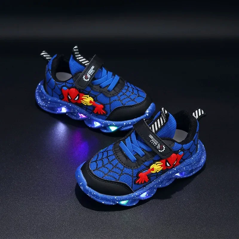 LED Kids Shoes for Boys Cartoon Spider-Man Anime Outdoor Sports Casual Shoes for Children Running Breathable Mesh Sneakers