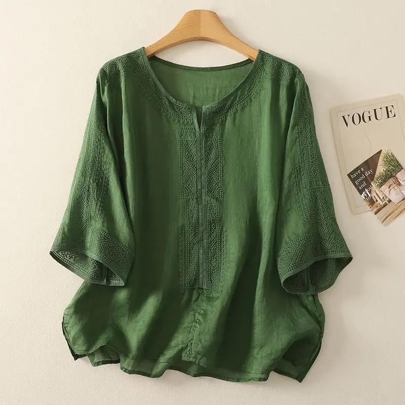 ผ้าฝ้ายผ้าลินินเย็บปักถักร้อยผู้หญิงเสื้อยืดหลวม Tee O-คอเสื้อบางสามในสี่แขนฤดูร้อน Retro เสื้อ