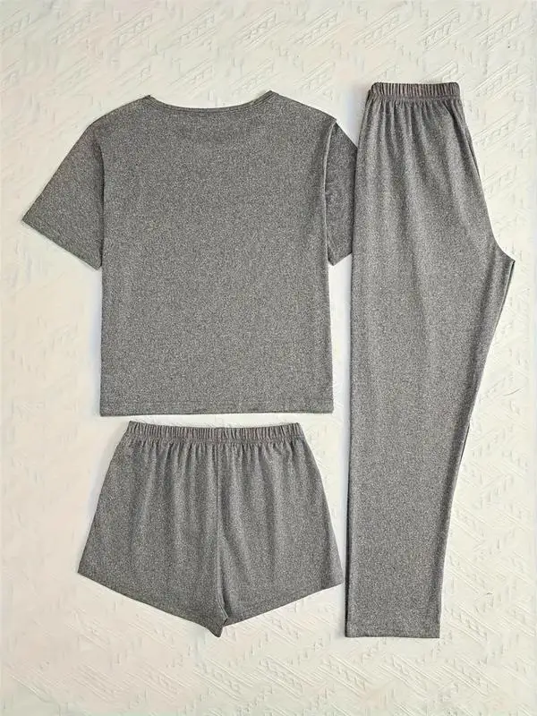 Women's 3-Piece Sleepwear Set, Raven Print Pajamas, Casual Fitted Style, All-Season Comfortable Nightwear, Moderate Fabric Thick