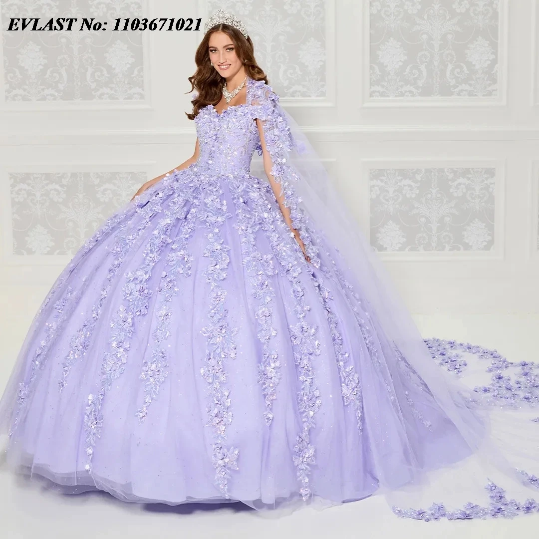 

EVLAST Customized Lavender Quinceanera Dress Ball Gown 3D Floral Sequined Appliques Lace Corset Cape Vestidos De XV Anos SQ285