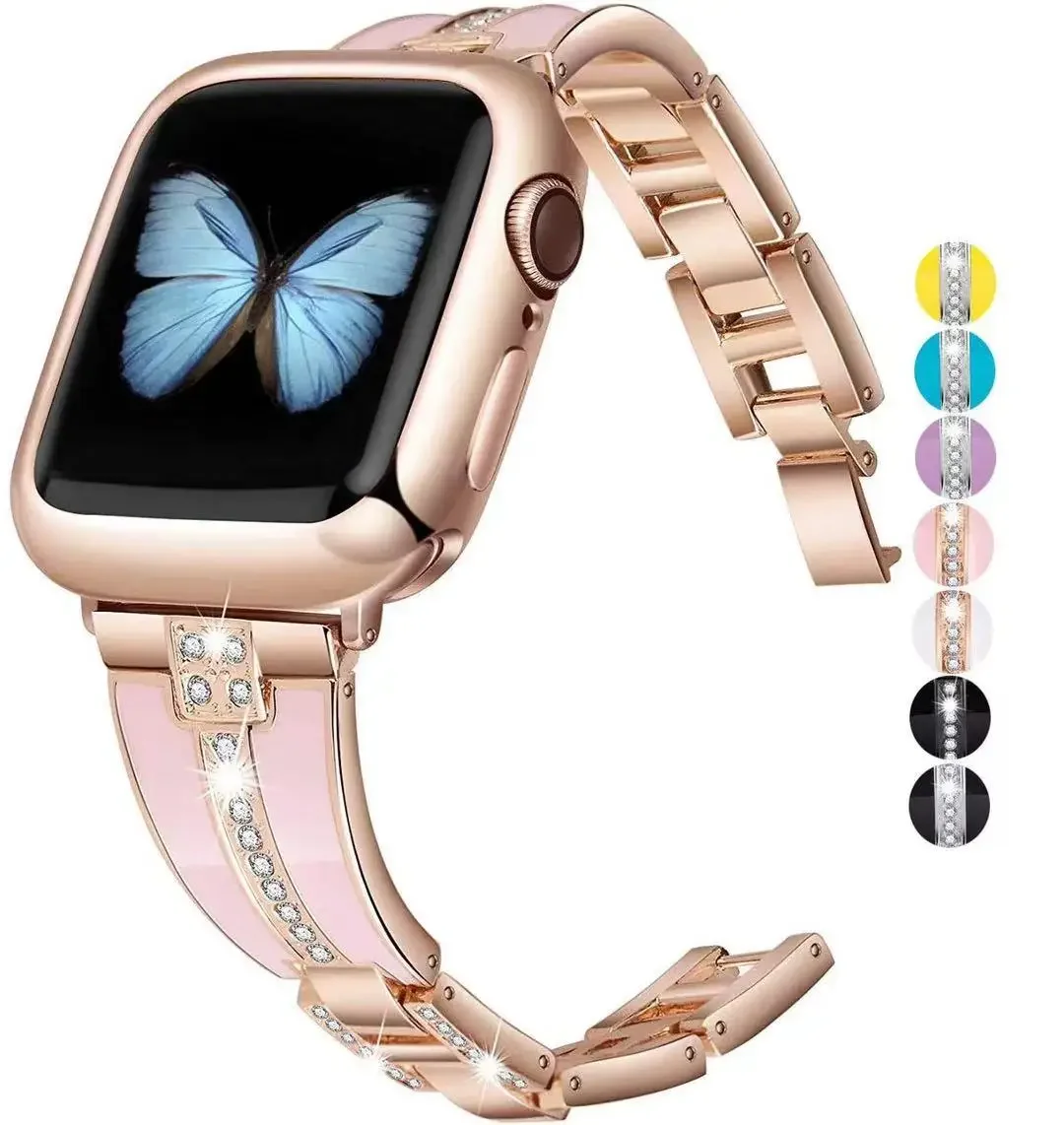Correa de resina + Metal para Apple Watch 46mm 45mm 44mm 42mm 40mm 41mm 49mm banda de diamante para mujer para iWatch 11 10 9 8 7 6 5 4 SE Correa