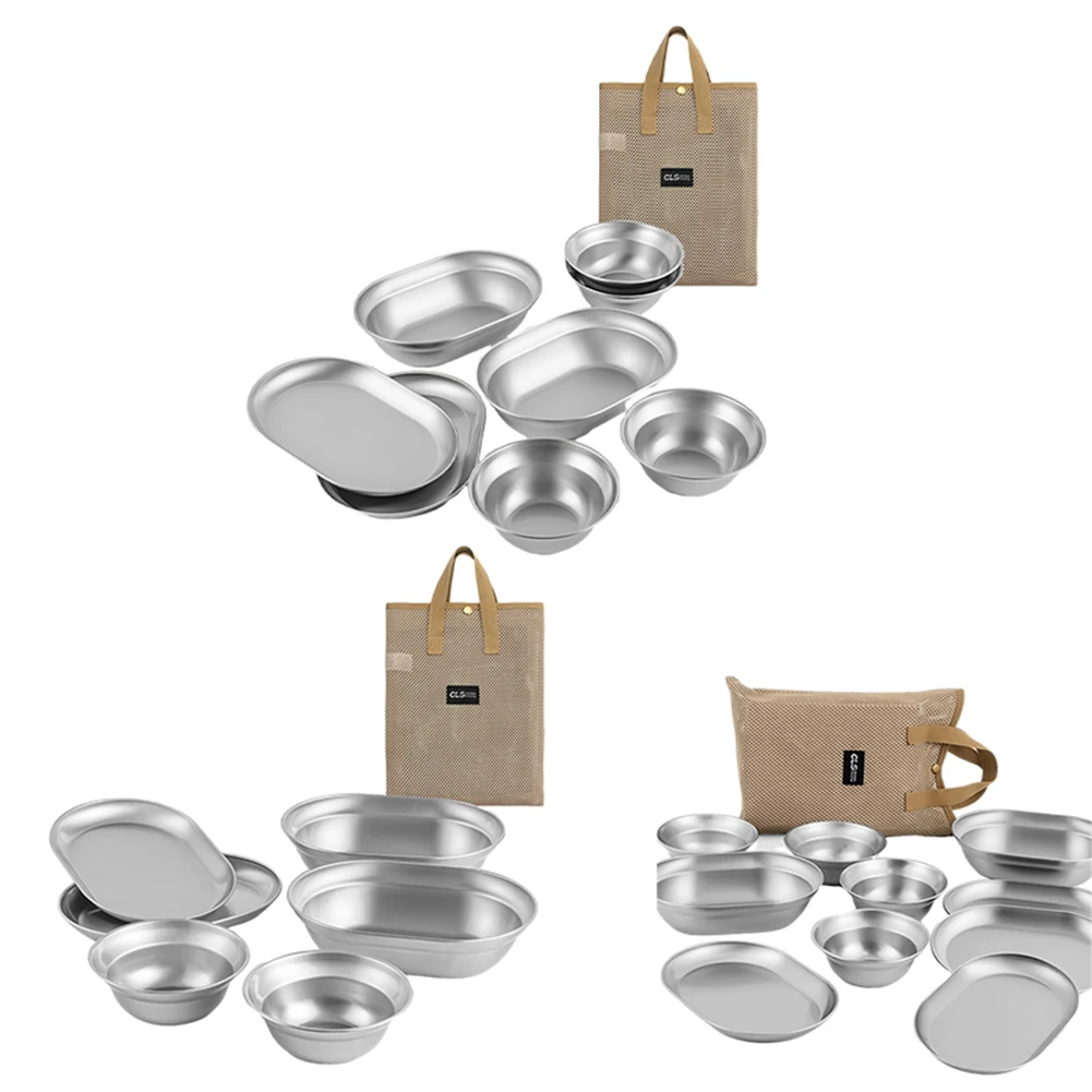 Set piring makan malam dan mangkuk, 6/8/10 Pak piring makan malam logam Stainless Steel dengan tas penyimpanan untuk berkemah dan memasak