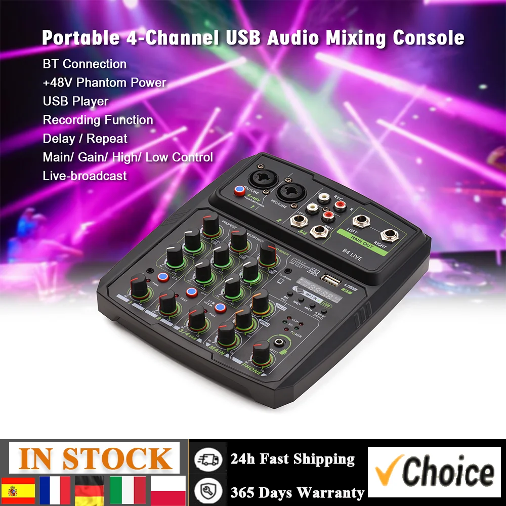 4-Channel Audio Mixer Mixing Console LED Screen Built-in Soundcard USB BT Connection with 2-band EQ Gain Delay Repeat Control