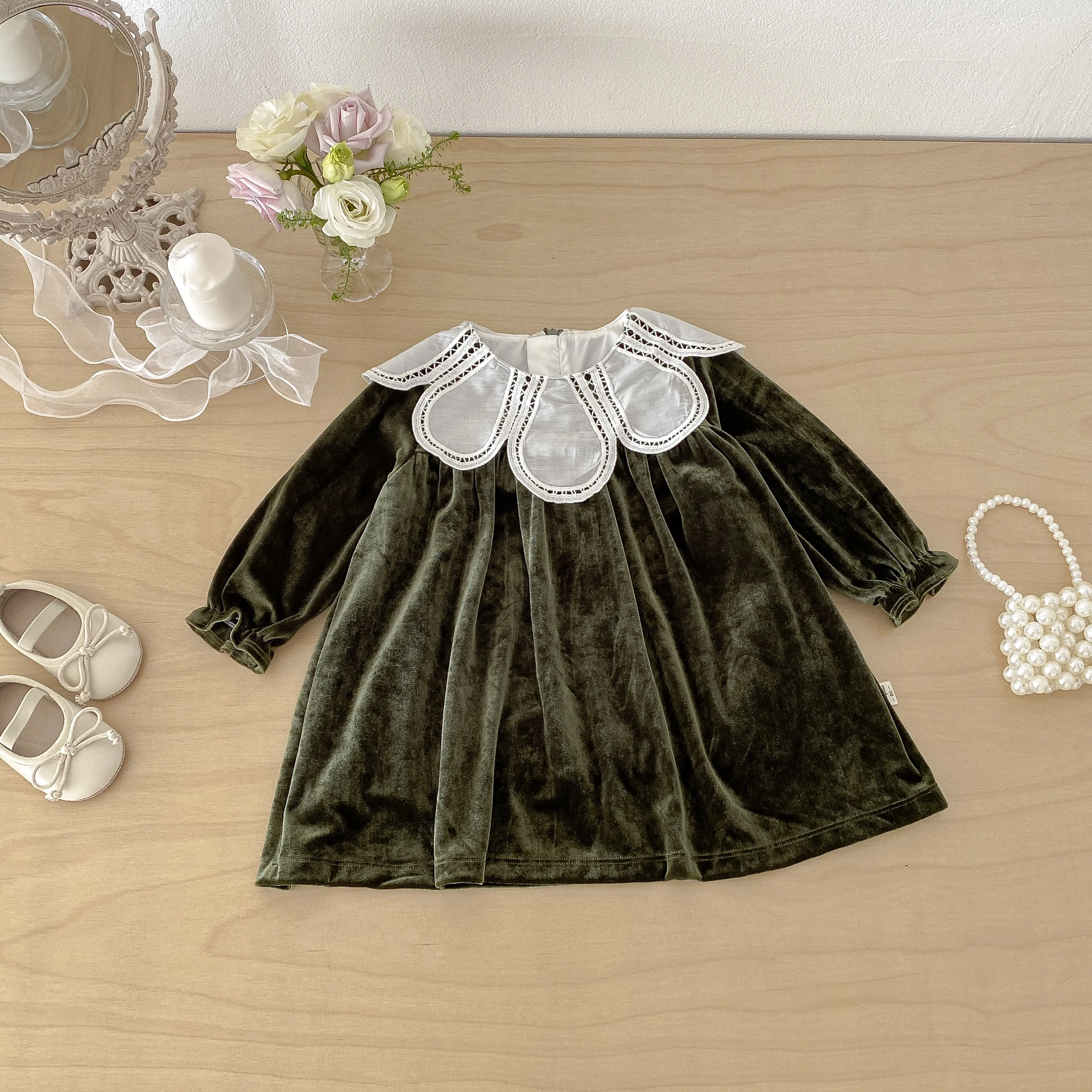 Frühlings-Mädchenkleid, Blumenmuster-Kragen-Samtkleid mit Langen Ärmeln, Prinzessinnenkleid, Festkleid