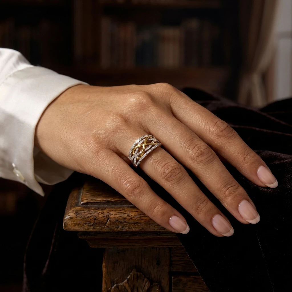 Mehrfarbiger Geometrischer Überkreuzring für Damen Messing Zirkon Mehrsträngiger Breiter Ring Statement Mode Stapelbarer Schmuck
