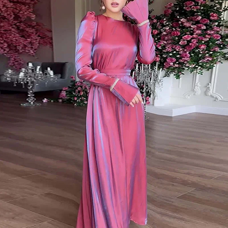 Spring Elegant O-neck Sparkling Glazed Satin Dress Women Sexy Lace-up Belted Long Party Dress Autumn Long Sleeve Boho Maxi Dress